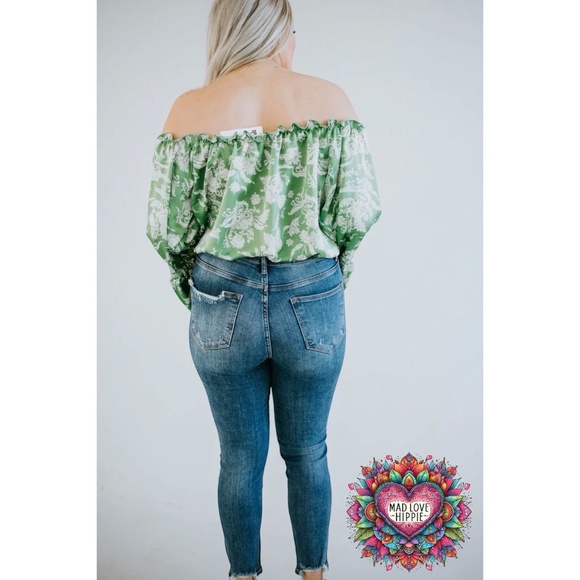 Peach Love Sage Green Satin Large Floral Print Off Shoulder Bubble Top - Picture 7 of 7